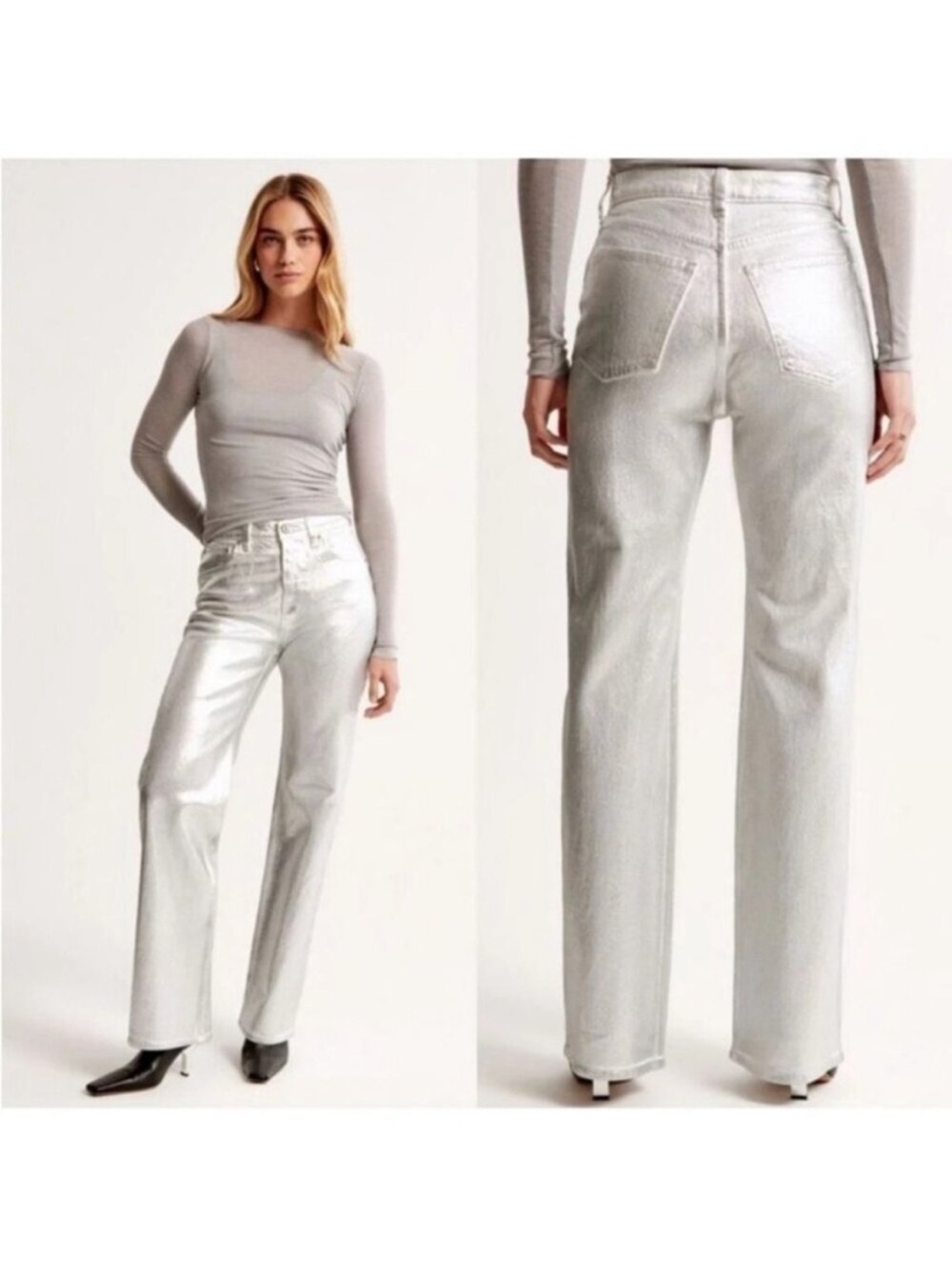 Abercrombie & Fitch | 90's Relaxed High Rise Metallic Silver Pants Size 32/14